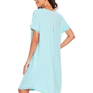 WiWi Bamboo Nightgowns for Women Soft Short Sleeve Night Gowns Summer Sleep Shirt Sleepwear Dress with Pockets S-XXL, Aqua, Small