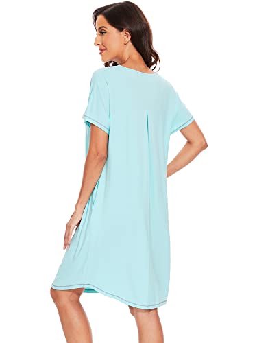 WiWi Bamboo Nightgowns for Women Soft Short Sleeve Night Gowns Summer Sleep Shirt Sleepwear Dress with Pockets S-XXL, Aqua, Small