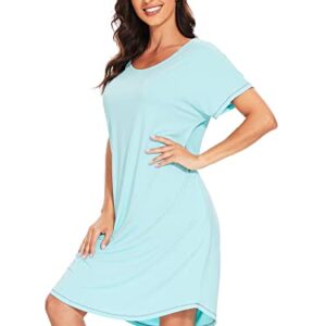 WiWi Bamboo Nightgowns for Women Soft Short Sleeve Night Gowns Summer Sleep Shirt Sleepwear Dress with Pockets S-XXL, Aqua, Small