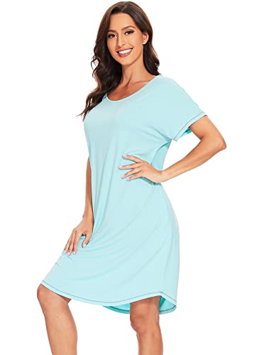 WiWi Bamboo Nightgowns for Women Soft Short Sleeve Night Gowns Summer Sleep Shirt Sleepwear Dress with Pockets S-XXL, Aqua, Small