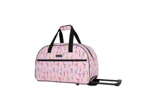 betsey johnson designer carry on luggage collection - lightweight pattern 22 inch duffel bag- weekender overnight business travel suitcase with 2- rolling spinner wheels (colorful flamingo)