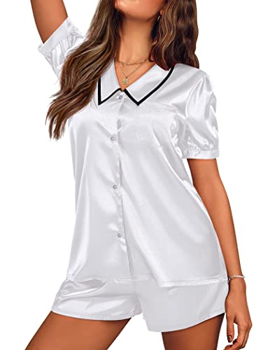 Ekouaer Silk Pajamas for Women Cute Doll Collar Preppy Pjs Short Sleeve Lounge Set Classic Button Down Pjs Shorts Set Two Piece Pajamas Set White XX-Large