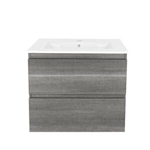 KSWIN 24" Wall Mounted Bathroom Vanity with Sink Grey Floating Vanity Two Drawers Bathroom Cabinet with White Ceramic Integrated Sink