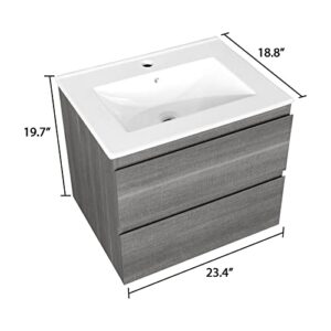 KSWIN 24" Wall Mounted Bathroom Vanity with Sink Grey Floating Vanity Two Drawers Bathroom Cabinet with White Ceramic Integrated Sink