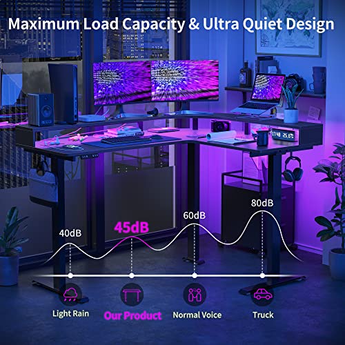 FEZIBO Triple Motor L Shaped Stadning Desk with LED Strip & Power Outrlets，63 inches Height Adjustable Stand up Corner Desk with Ergonomic Monitor Stand, Black Frame/Black Top