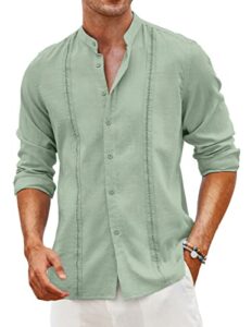 coofandy men's mandarin collar shirts linen casual long sleeve button down shirt summer beach wedding shirt mint green