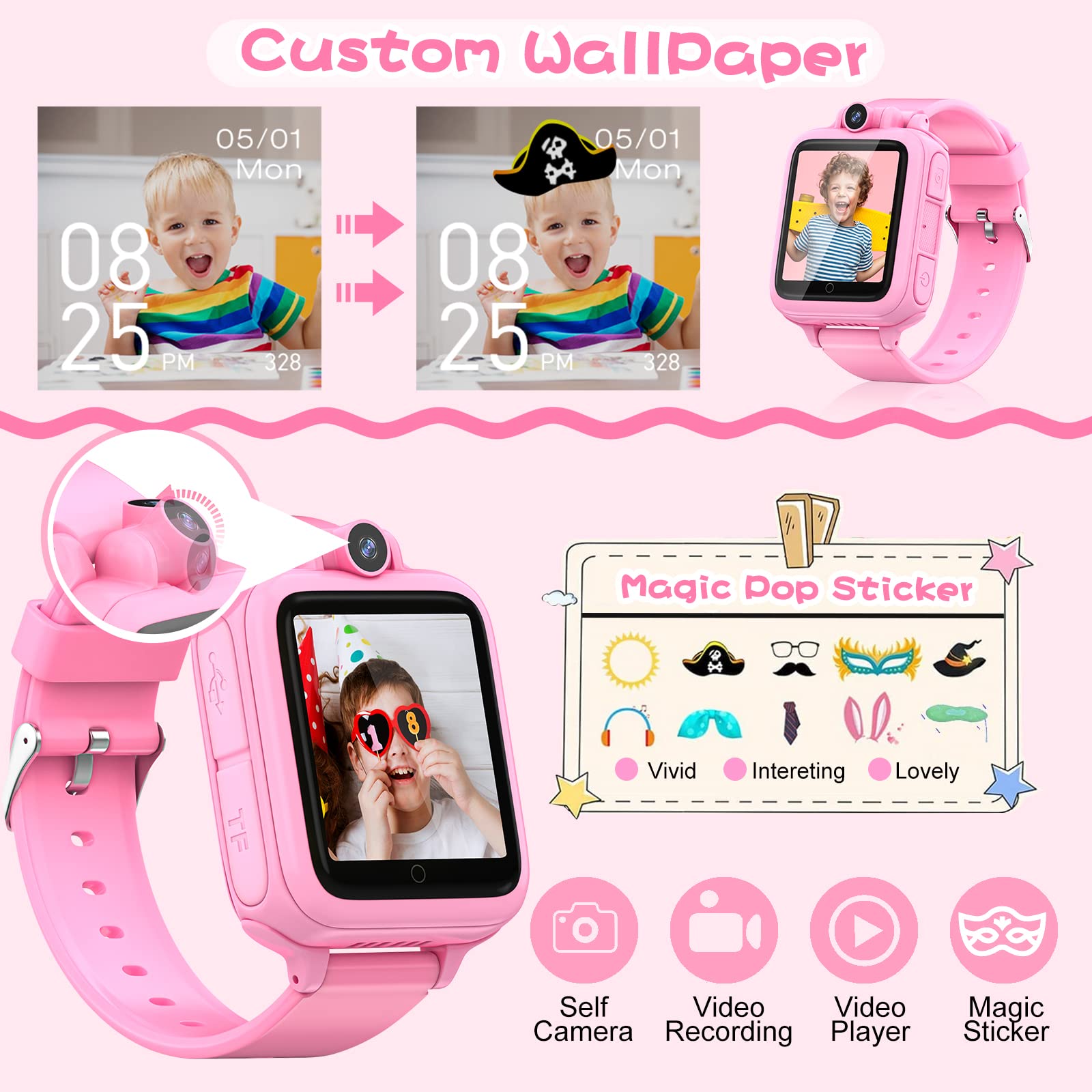 Lterfear Smart Watch for Kids Watches for Girls Ages 5-7 with 14 Games HD Camera Alarm Calculator Video Music Player, Kids Birthday Gifts Toys for 4 5 6 7 8 9 10 11 12 Years Old Girls, Pink