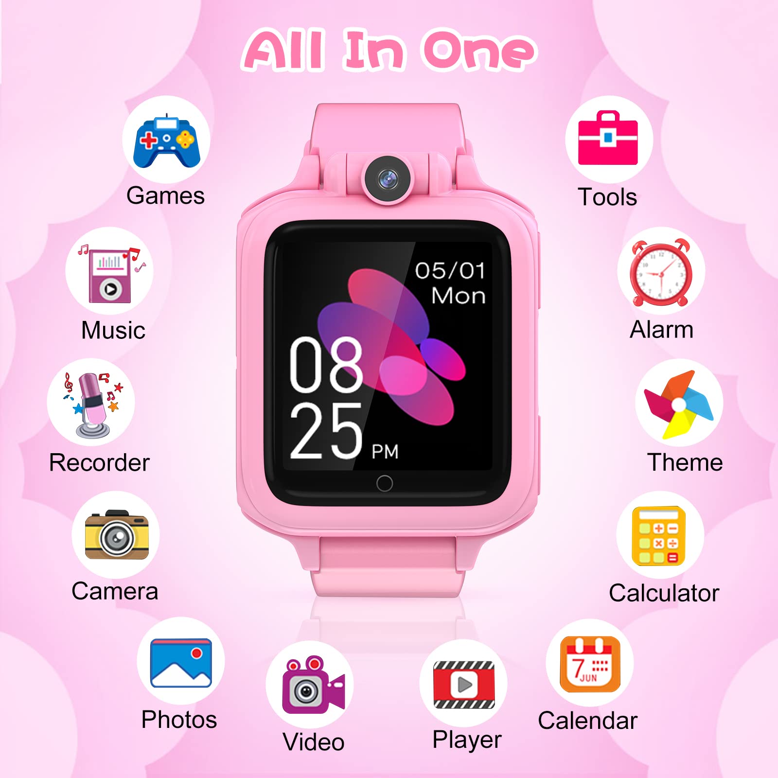 Lterfear Smart Watch for Kids Watches for Girls Ages 5-7 with 14 Games HD Camera Alarm Calculator Video Music Player, Kids Birthday Gifts Toys for 4 5 6 7 8 9 10 11 12 Years Old Girls, Pink