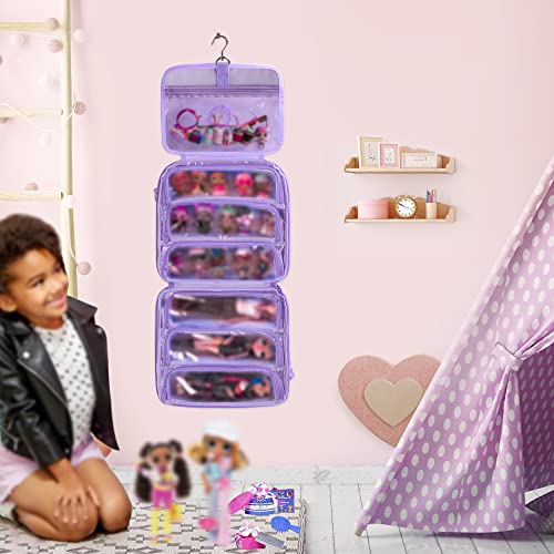 LoDrid Doll Carrying Case Compatible with LOL Surprise OMG, Display Organizer Compatible with Big Sister 3-inch Dolls with a Hanging Hook and 7 Clear Zipper Pockets, Bag Only, Purple(Patent Design)