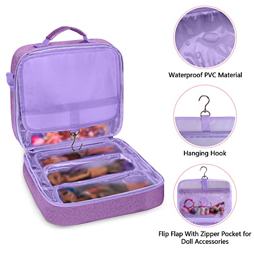 LoDrid Doll Carrying Case Compatible with LOL Surprise OMG, Display Organizer Compatible with Big Sister 3-inch Dolls with a Hanging Hook and 7 Clear Zipper Pockets, Bag Only, Purple(Patent Design)