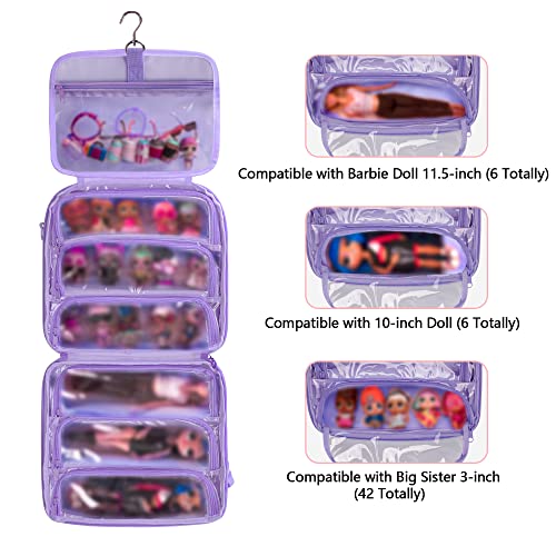 LoDrid Doll Carrying Case Compatible with LOL Surprise OMG, Display Organizer Compatible with Big Sister 3-inch Dolls with a Hanging Hook and 7 Clear Zipper Pockets, Bag Only, Purple(Patent Design)