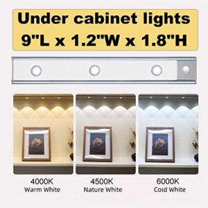 Motion Sensor Under Cabinet Lights - LED Under Counter Closet Lighting, Kitchen Night Lights, 3-Color Dimmable LED Light for Wardrobe, Closets (Silver)