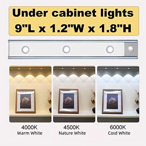 Motion Sensor Under Cabinet Lights - LED Under Counter Closet Lighting, Kitchen Night Lights, 3-Color Dimmable LED Light for Wardrobe, Closets (Silver)