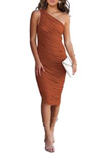 prettygarden women's ruched bodycon dress 2023 summer one shoulder sleeveless party cocktail pencil dresses (caramel,large)