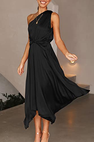 PRETTYGARDEN Women's Summer Long Satin Dress One Shoulder Sleeveless Ruched Twist Flowy Maxi Dresses (Black,Small)