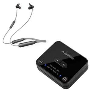 avantree audikast plus & nb18 bundle - bluetooth 5.0 transmitter & neckband earbuds for tv watching with no lip-sync delay, dual link, and class 1 extended 100ft range