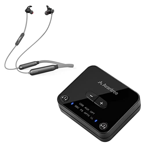 Avantree Audikast Plus & NB18 Bundle - Bluetooth 5.0 Transmitter & Neckband Earbuds for TV Watching with No Lip-Sync Delay, Dual Link, and Class 1 Extended 100ft Range