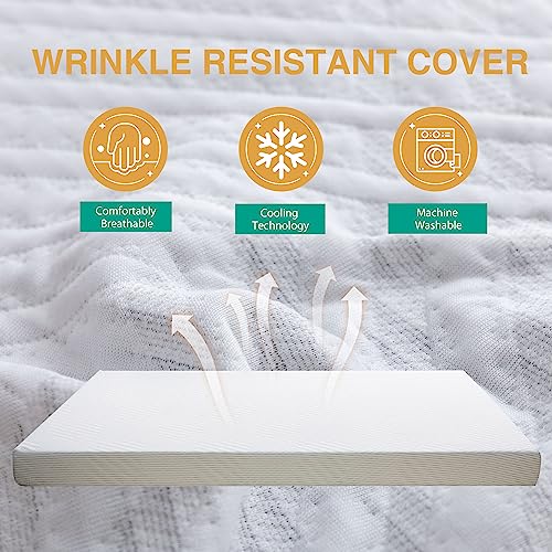 Dyonery 4.5 Inch Memory Foam Sofa Bed Mattress Replacement with Fiberglass-Free and Washable Cover for Sleeper Sofa and Couch Beds, Queen Size, White (Sofa Not Included) 