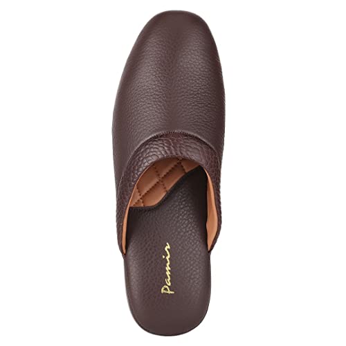 PAMIR Mens Premium Leather House Slippers with Memory Foam Brown Size 10