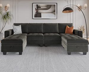 belffin velvet u shaped sectional sofa couch with storage ottoman convertibel sectional sofa with reversible chaises grey