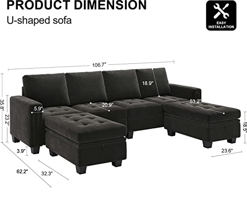 Belffin Velvet U Shaped Sectional Sofa Couch with Storage Ottoman Convertibel Sectional Sofa with Reversible Chaises Grey