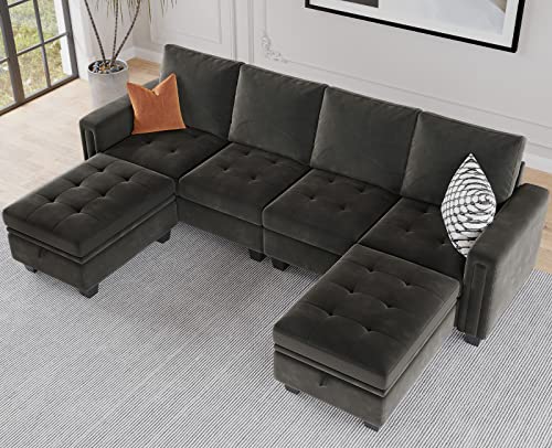 Belffin Velvet U Shaped Sectional Sofa Couch with Storage Ottoman Convertibel Sectional Sofa with Reversible Chaises Grey