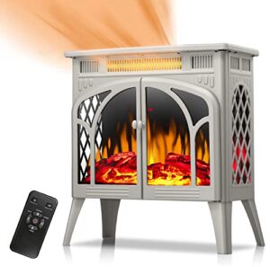 electric fireplace stove heater, portable freestanding electric fireplace, fireplace heater with 3d logs and realistic flame for indoor/outdoor use,adjustable brightness and color (beige)