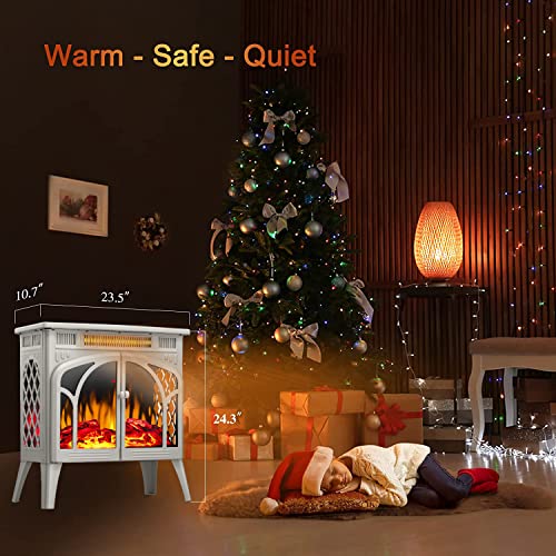 Electric Fireplace Stove Heater, Portable Freestanding Electric Fireplace, Fireplace Heater with 3D Logs and Realistic Flame for Indoor/Outdoor Use,Adjustable Brightness and Color (Beige)