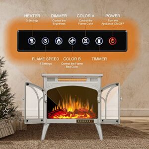 Electric Fireplace Stove Heater, Portable Freestanding Electric Fireplace, Fireplace Heater with 3D Logs and Realistic Flame for Indoor/Outdoor Use,Adjustable Brightness and Color (Beige)