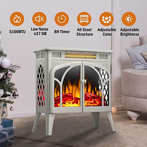 Electric Fireplace Stove Heater, Portable Freestanding Electric Fireplace, Fireplace Heater with 3D Logs and Realistic Flame for Indoor/Outdoor Use,Adjustable Brightness and Color (Beige)