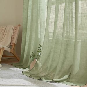 woaboy sage green semi sheer curtains 84 inch length for living room 2 panels grommet drapes natural linen farmhouse window curtains light filtering and protect privacy 52x84 long