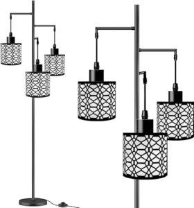 aigotek dimmable industrial floor lamp with 3-lights black farmhouse floor lamps for living room, modern tall standing lamp with birdcage shades & base for bedroom, office