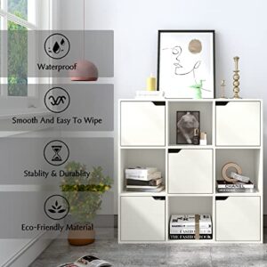 OSCHF 9-Cube Storage Shelf Bookcase - Wooden 3-Tier Floor Standing Open Bookshelf with Doors for Home and Office, Display Cabinet, Warm White