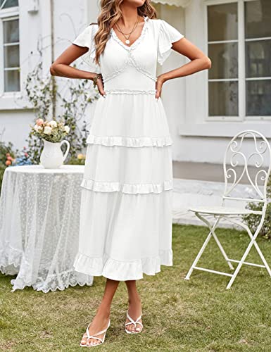 MEROKEETY Womens Summer Casual V Neck Ruffle Sleeve High Waist Smocked Flowy Midi Dress, White, M