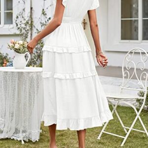 MEROKEETY Womens Summer Casual V Neck Ruffle Sleeve High Waist Smocked Flowy Midi Dress, White, M