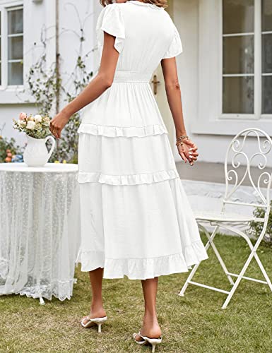 MEROKEETY Womens Summer Casual V Neck Ruffle Sleeve High Waist Smocked Flowy Midi Dress, White, M