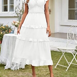 MEROKEETY Womens Summer Casual V Neck Ruffle Sleeve High Waist Smocked Flowy Midi Dress, White, M