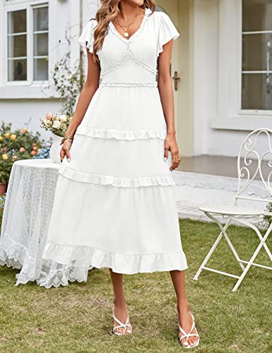 MEROKEETY Womens Summer Casual V Neck Ruffle Sleeve High Waist Smocked Flowy Midi Dress, White, M