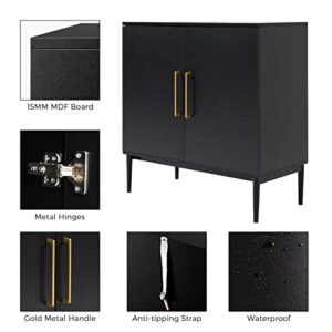 KFO Storage Cabinet with Doors, Black Accent Cabinet, Modern Free Standing Cabinet, Black Sideboard with Metal Base for Bedroom, Living Room, Kitchen and Office