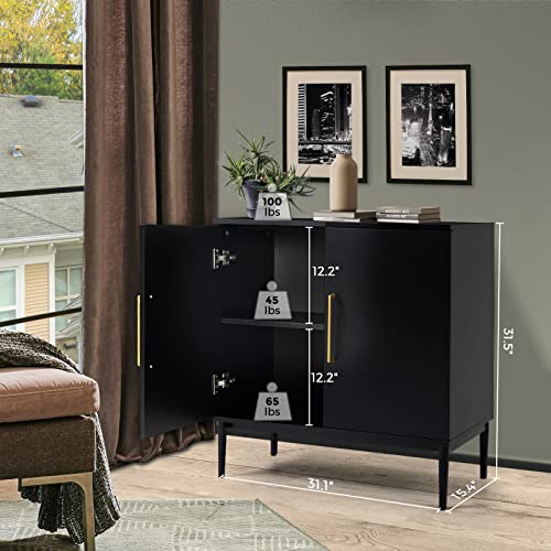 KFO Storage Cabinet with Doors, Black Accent Cabinet, Modern Free Standing Cabinet, Black Sideboard with Metal Base for Bedroom, Living Room, Kitchen and Office