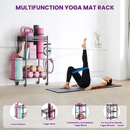 VOPEAK Yoga Mat Storage Rack, Home Gym Storage Rack Yoga Mat Holder, Workout Storage for Yoga Mat, Foam Roller, Gym Organizer Gym Equipment Storage for Home Exercise and Fitness Gear (Metal)