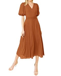 btfbm women casual dresses 2023 summer boho wrap v neck puff short sleeve beach party flowy pleated a-line maxi dress(solid brick red, large)