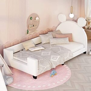 twin size cute upholstered bed for kids, wooden daybed frame with carton ears shaped headboard, twin pu leather platform bed for girls boys, low profile single bed no box spring needed (white-b style)