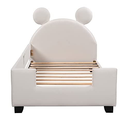 Twin Size Cute Upholstered Bed for Kids, Wooden Daybed Frame with Carton Ears Shaped Headboard, Twin PU leather Platform Bed for Girls Boys, Low Profile Single Bed No Box Spring Needed (White-B Style)