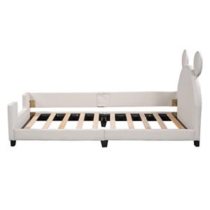 Twin Size Cute Upholstered Bed for Kids, Wooden Daybed Frame with Carton Ears Shaped Headboard, Twin PU leather Platform Bed for Girls Boys, Low Profile Single Bed No Box Spring Needed (White-B Style)