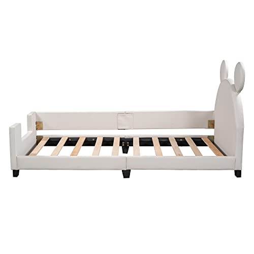 Twin Size Cute Upholstered Bed for Kids, Wooden Daybed Frame with Carton Ears Shaped Headboard, Twin PU leather Platform Bed for Girls Boys, Low Profile Single Bed No Box Spring Needed (White-B Style)