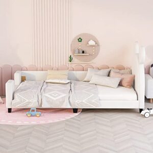 Twin Size Cute Upholstered Bed for Kids, Wooden Daybed Frame with Carton Ears Shaped Headboard, Twin PU leather Platform Bed for Girls Boys, Low Profile Single Bed No Box Spring Needed (White-B Style)