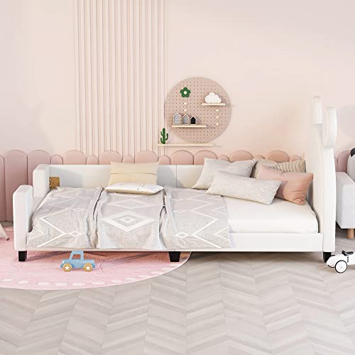 Twin Size Cute Upholstered Bed for Kids, Wooden Daybed Frame with Carton Ears Shaped Headboard, Twin PU leather Platform Bed for Girls Boys, Low Profile Single Bed No Box Spring Needed (White-B Style)