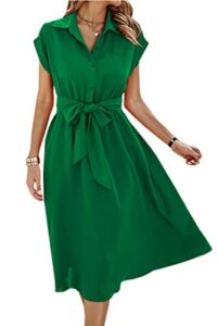 ecowish womens casual midi dresses solid v neck short sleeve shirt dress with pockets for spring summer 2023 green l
