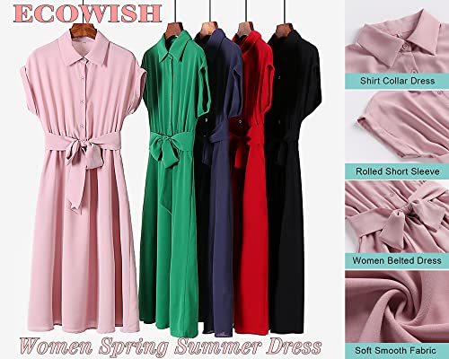 ECOWISH Womens Casual Midi Dresses Solid V Neck Short Sleeve Shirt Dress with Pockets for Spring Summer 2023 Green L